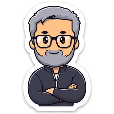 Light-skinned man with short black hair styled upwards, full short graying beard, smiling, wearing large black-framed glasses and a black long-sleeve sports shirt with zip at the neck sticker