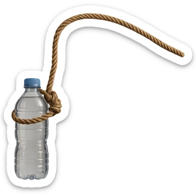 Illustrate a long rope with a loop, replacing the cheese with a clearly visible and realistic water bottle. The style should be realistic with natural details and no background. sticker