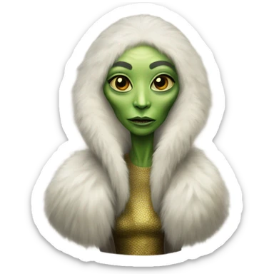 a Reptilian alien woman in fur coat sticker