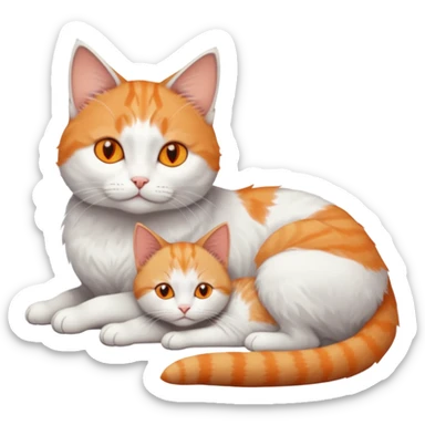 full body of a grey and white cat cuddling a very small + skinny ginger and white kitten with deep orange eyes and triangular shaped face lying down sticker