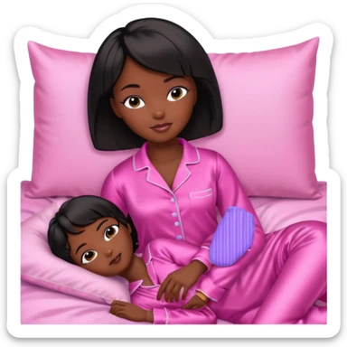 Dark skin Black barbie, short  black bob  hair, pink pajamas in bed sleeping  sticker