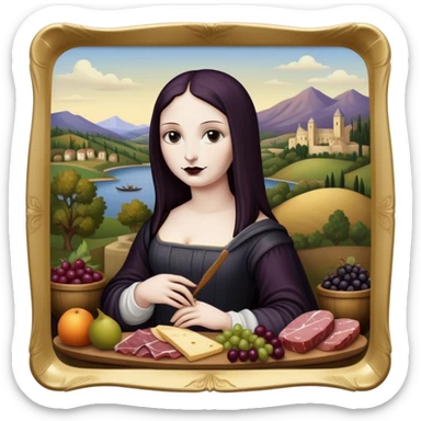  goth mona lisa with SPAM MEAT charcuterie and fruit tray renaissance landscape sticker