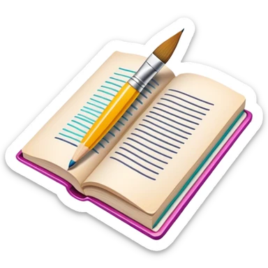 icon for Illustration hobbie, paintbrush and pencil under book's illustrated page, colorful sketch, simple lines, minimalistic style, transparent background. sticker