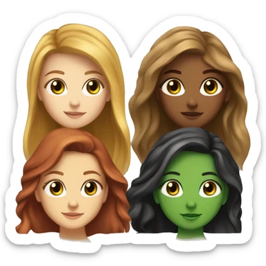 4 girls: one with long brown hair brown eyes, one with medium dark blonde hair green eyes, one with long red hair green eyes, and one with long black hair brown eyes  sticker