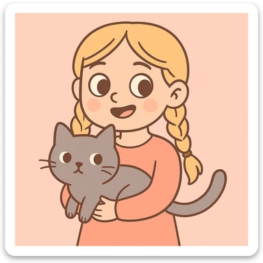 Change the girl's hairstyle to two braids, keep long blond hair, brown eyes, and a grey cat, in a soft pastel cartoon style with gentle colors and smooth shading. sticker