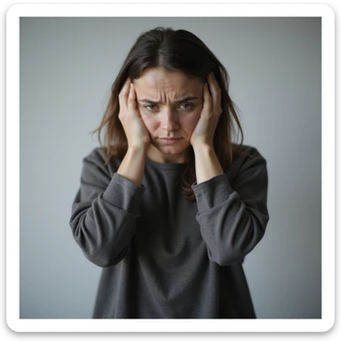 woman standing, very tired appearance, dull eyes, dark circles, slouched posture, hands on temples or holding head, signs of chronic fatigue, vertical 9:16 format, hyperrealistic 4K details, isolated white background sticker