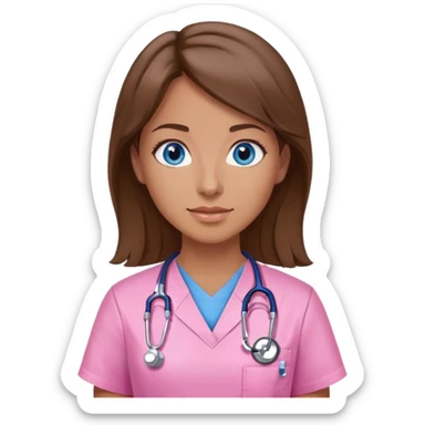 Female doctor Brown hair blue eyes pink scrubs sticker