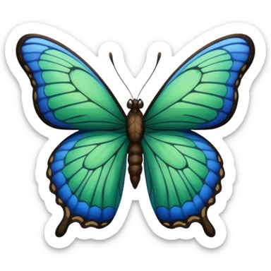 A butterfly with blue edges, green wings, and a black body, Between the wings brown  sticker
