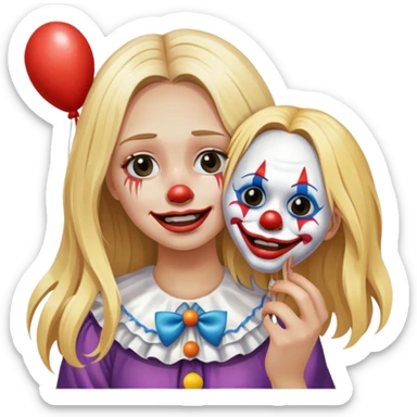 Crying blonde girl with long hair holding isolated happy clown Halloween mask beside her face  sticker