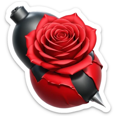 Deep red (#7A0F1E) no gradients, transparent background, high contrast, clean gothic aesthetic, designed to be readable at 128x129px a red rose wrapped around a bomb sticker