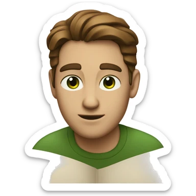 a light-skinned green-eyed man with styled brown hair (brushed back) sitting in front of the long white paper scroll sticker