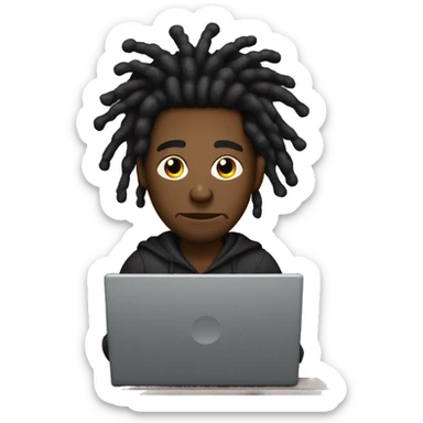 Black-guy-with-dreads-wearing-black-trackstuit-sitting-down-on-chair facing-foward-focused-on-laptop-computer- sticker