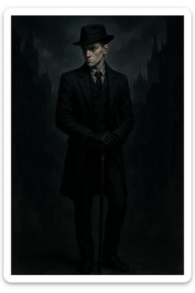 Kaz Brekker from Six of Crows, full body, leaning on cane, black gloves, dark tailored suit, shadowy city background sticker