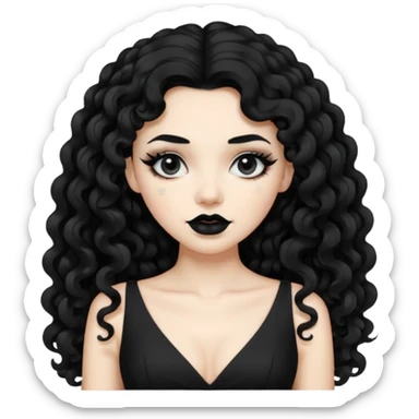 long black curly hair with white skin black dress and black lipstick sticker