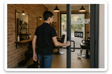 Shu odamni sartaroshxonaga kirib kelayapti  o'smirin davri rakurs ichkaridan sartaroshxona eski ham yangi ham emas bolani juda semiz qilib yuborma  u ozg'inroq bo'lsin huddi sartaroshxonani  hammadan oldin kelib ochsin sticker