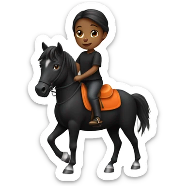 A little girl with orange pants on and a black shirt riding a black horse  sticker