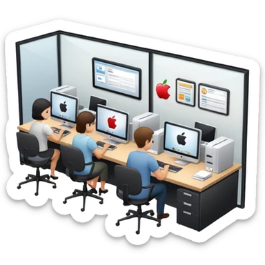 small office room with several people at desks using computers, symbolizing a small business, Apple iOS style, soft lighting, glossy finish, white background sticker