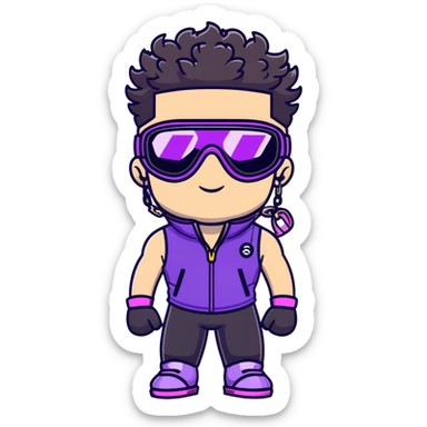 male athlete with white skin and moderately curly black hair on top with shaved sides, wearing ski goggles with purple frames and very dark black lenses, a simple plain black chain necklace, and a completely unzipped sleeveless vest with purple and black sequin fire pattern design, fully revealing his chest, shoulders and arms, no earrings sticker
