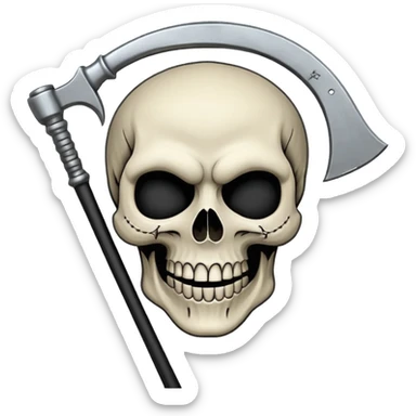 A laughing skull with a scythe crossed behind it, one eye socket winking. Clean, stylized lines, flat vector. Medieval woodcut style. Black and white with one accent color (tarnished silver). No background. sticker
