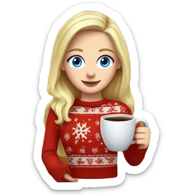 White girl blonde girl with blue eyes wearing a red Christmas sweater holding cup of coffee sticker