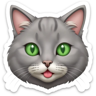 Grey cat looking at nose with tongue out green eyes sticker