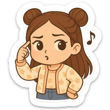 Create a chibi sticker of the same girl, twirling her finger at her temple and whistling as if saying 'what a fool'. She has brown straight hair in double buns, brown eyes, wearing a pastel floral cardigan and jeans. The sticker should have a white outline and transparent background, 512x512px. sticker