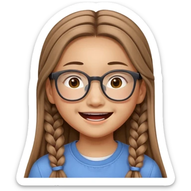 Asian girl, 14 years old, long light brown braids, square glasses, smiling loudly sticker