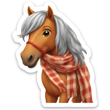 Orange horse with red scarf and checkered coat by the sea smiling  sticker