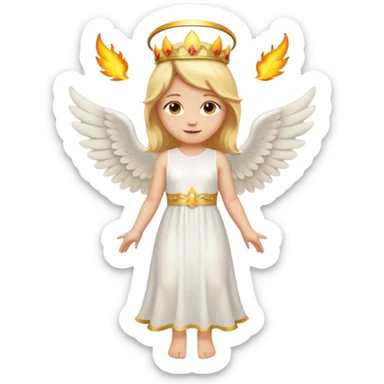 Full-body emoji-style angel: blonde hair, golden flame crown, halo, large wings, white dress, full body visible from head to feet, cute smooth emoji look. sticker