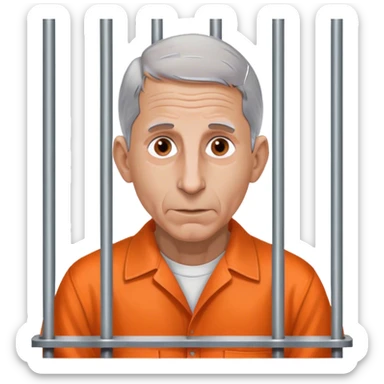 Make a picture of Anthony Fauci wearing an orange jumpsuit and behind bars make her look worried but only about herself sticker
