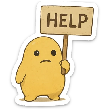 ghibli style little yellow blob guy holding a sign that says 'help' sticker