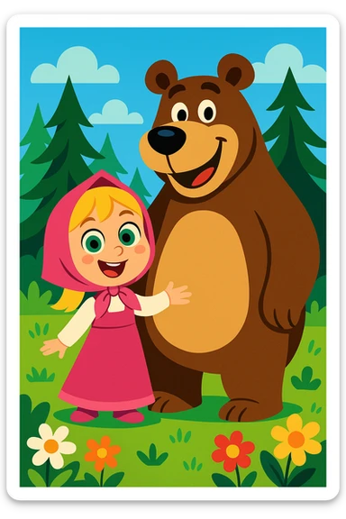 cheerful little girl with big green eyes and blonde hair, wearing a pink dress and headscarf, standing next to a large friendly brown bear, both smiling in a vibrant cartoon forest with tall pines and flowers, bright and clean background sticker