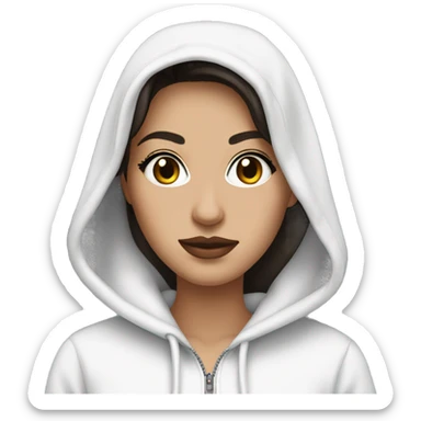 a beautiful brunette with long black eyelashes, plump lips in a white hooded sweatshirt with a zipper sticker