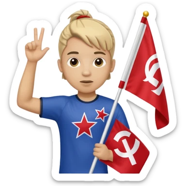 A pony tail hair boy holding a big team flag, waving it proudly with a determined expression. sticker