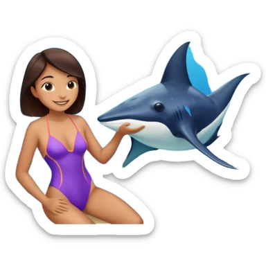 une personne qui est devant un aquarium où on peut carresser un raies menta sticker