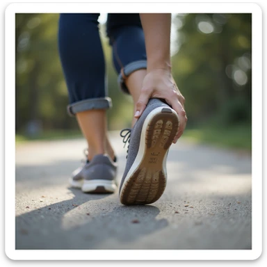 realistic 4K woman in casual clothing walking outdoors, stopping to massage foot with visible insole in shoe, showing discomfort sticker