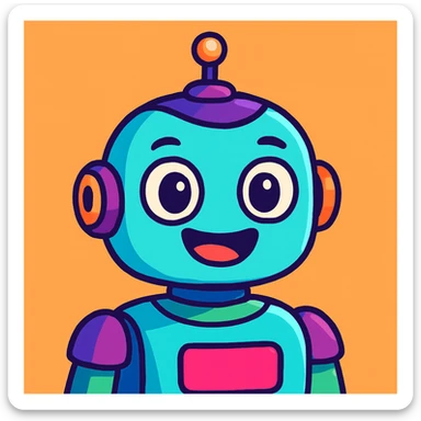 AI robot headshot, friendly and cartoonish, vibrant colors sticker