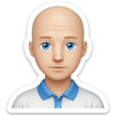 bald man, face and neck, blue eyes, kind face, polo shirt with an  IT background sticker