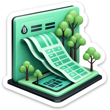 Environnement (Environment), 3D technical icon with black and mint green (#B5F4D3), environmental impact assessment document with regulatory compliance indicators and sustainability metrics sticker