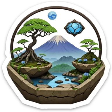 Alien saucer jungle-vines mountain-island landscape antique mudman very old broken cracked intricate Stone Age rocky-crusted irregular dodecagon-shaped shallow dark moss rough bark blue serissa flowered maple tree bonsai pot sticker