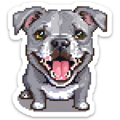 round circle puppy head full grey bleu staffy, big open mouth, big tongue out, stupid expression sticker