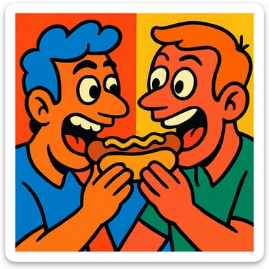 two men eating a hot dog face to face, vibrant and expressive sticker