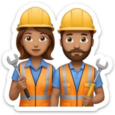 me haces una mujer pelo marron y un hombre con barba , que ambos esten vestidos como constructores de obra  sticker