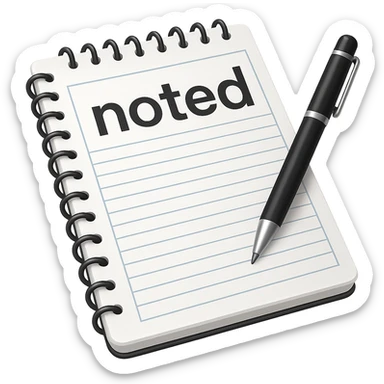 Add the word 'noted' in a clear, simple font integrated with the apple style emoji. Keep the apple emoji style look and ensure no background (transparent). sticker