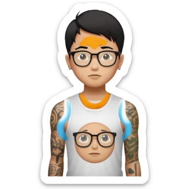 A young boy WITH A laptop, black straight short hair, wearing glasses, wearing a tanktop, has tattoos, he is asian

Add the letters "PIF" floating around him sticker
