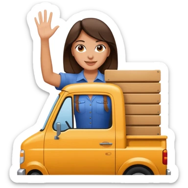 Brunette woman in back of truck waving  sticker