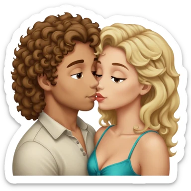 Man van 23 jaar met bruine krulletjes die een kusje geeft aan een vrouw van 23 jaar met blond middellang haar sticker