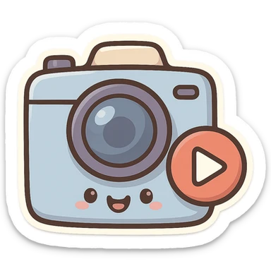 camera with a smiling face and play icon, chibi stickers style, cartoonish, friendly sticker