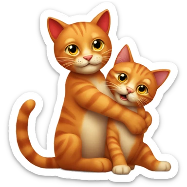 A big red cat playing with a small tricolour kitty sticker