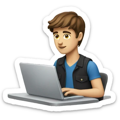 caucassian young man with brown hair working on laptop sticker